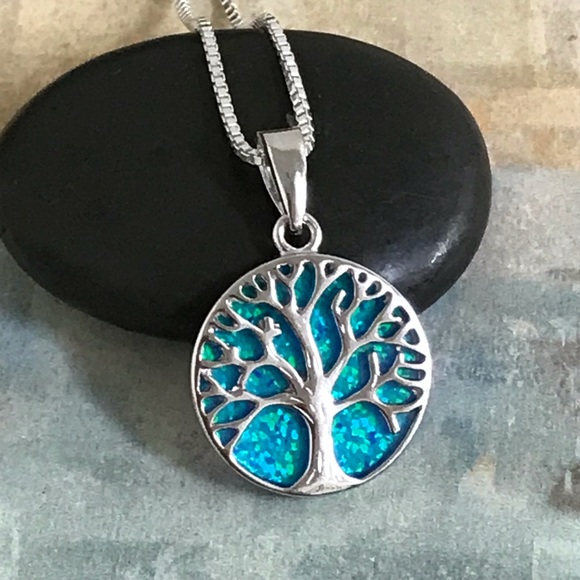 Sterling Silver Blue Opal Tree Of Life Necklace - Picture 8 of 8